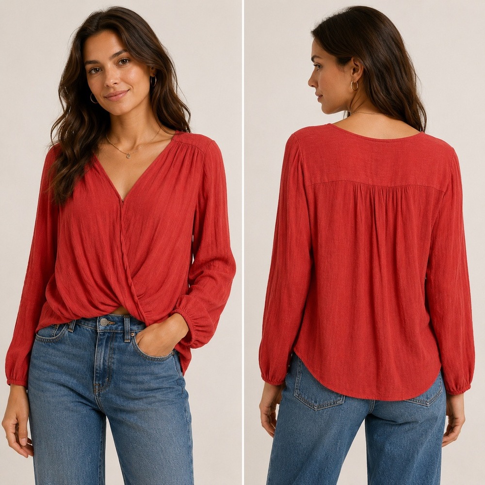 Free People‎ Crinkle Surplice High Low Orange Long Sleeve Coastal Top Size S